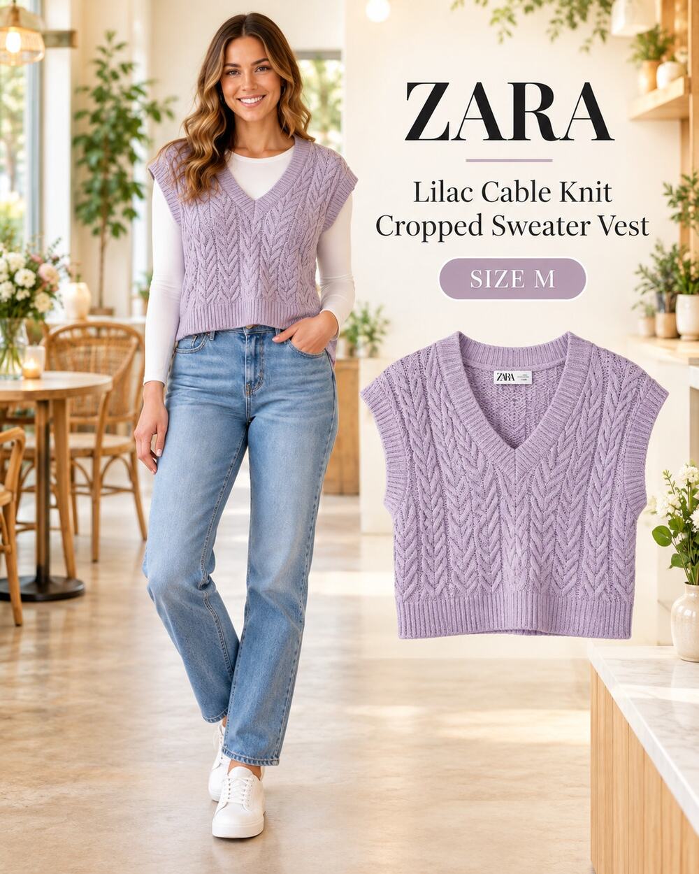 Zara Womens Medium Lilac Cable Knit Cropped Sweater Vest V-Neck Layering Top NWO